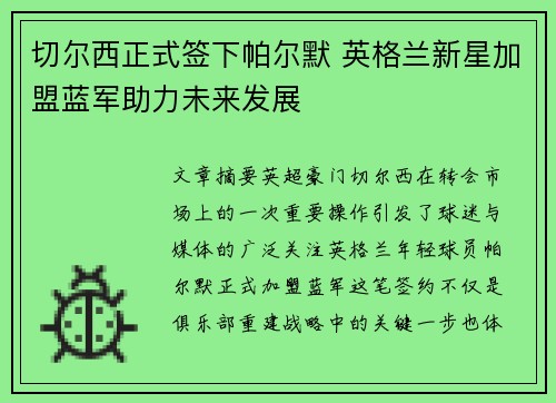 切尔西正式签下帕尔默 英格兰新星加盟蓝军助力未来发展 切尔西正式签下帕尔默 英格兰新星加盟蓝军助力未来发展